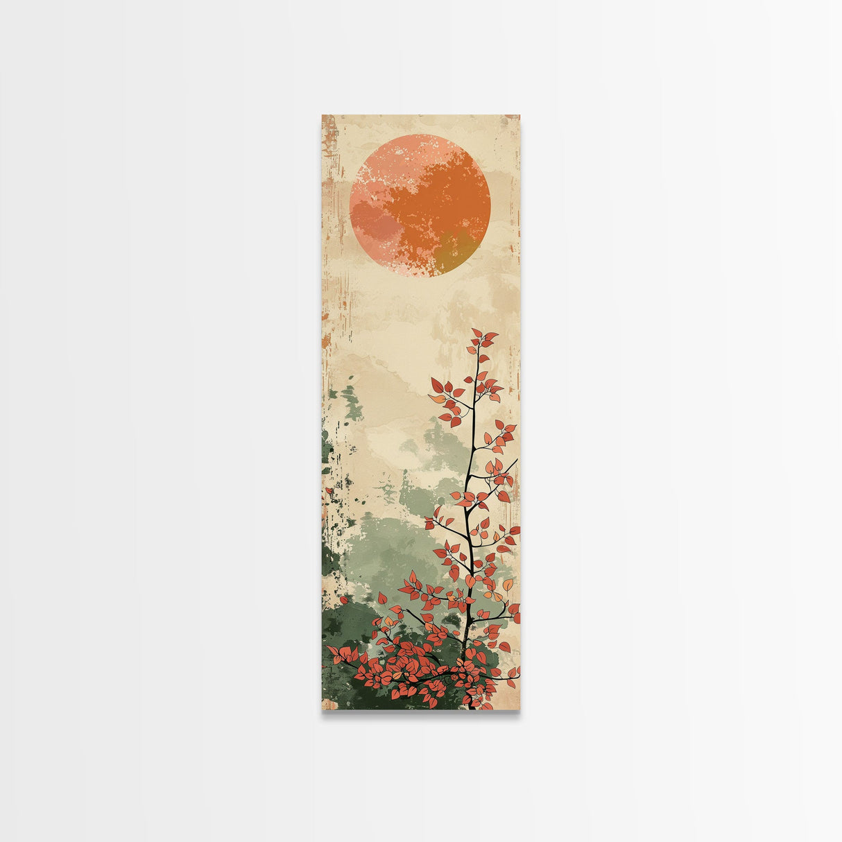 Abstract Sun Over Branch With Red Leaves Framed Canvas Print Ukiyo-e Wall Art Tall Art Wood Block Print Skinny Art Japanese Style