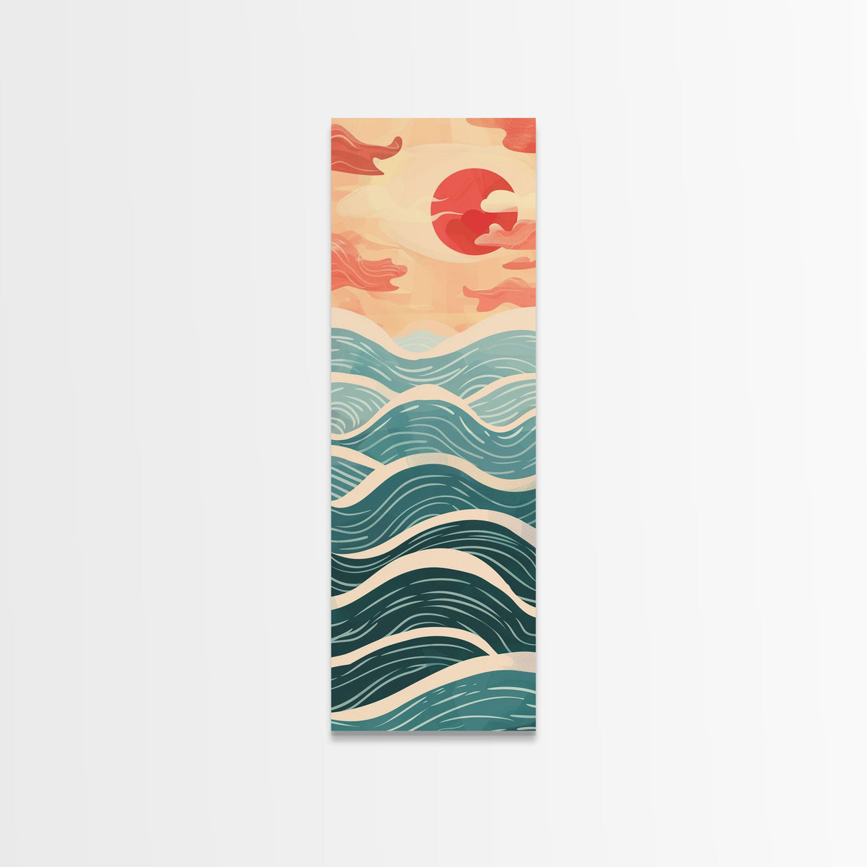 Ocean Waves and Red Sun Japanese Art Skinny Wall Art Framed Canvas Print in Minimalist Style with Dynamic Flowing Waves