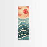 Ocean Waves and Red Sun Japanese Art Skinny Wall Art Framed Canvas Print in Minimalist Style with Dynamic Flowing Waves