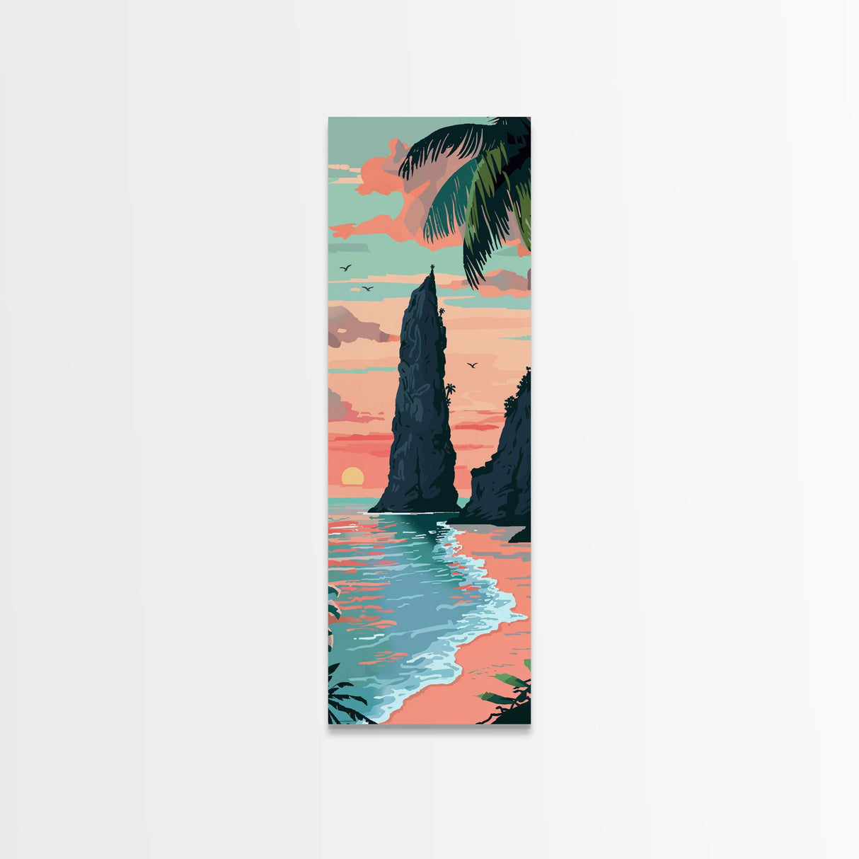 Towering Coastal Rock Formation During Sunset With Palm Trees For Serene Beach Wall Art Japanese Style Framed Canvas Print