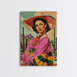 Western Portrait of a Latina Cowgirl with Cactus Background - Framed Canvas Print, Southwest Living Room Art Rustic Bedroom Decor, Retro Art