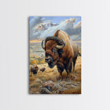 Majestic Bison in Mountain Landscape - Framed Canvas Print, Western Wildlife Art, Bison Wall Art for Rustic Home Decor