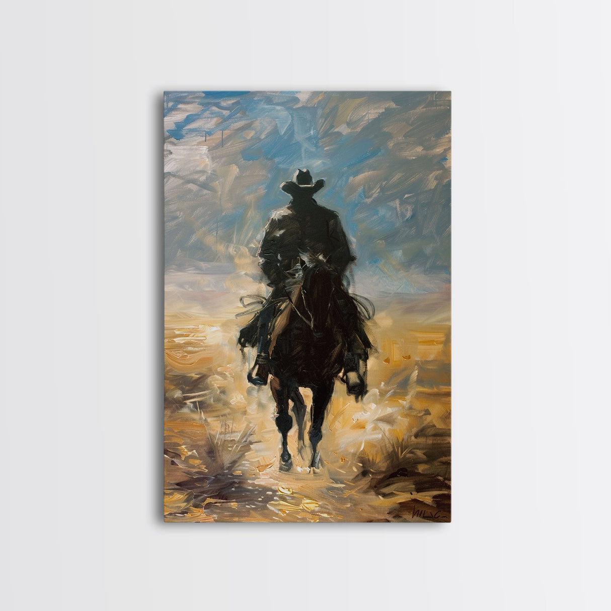 Lone Cowboy Riding into Sunset - Framed Canvas Print, Western Art, Living Room Decor, Cowboy Art for Bedroom, Rustic Wall Art