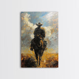 Silhouette of Cowboy on Horseback at Dusk - Framed Canvas Print, Western Art, Rustic Decor, Living Room Wall Art, Cowboy Themed Art