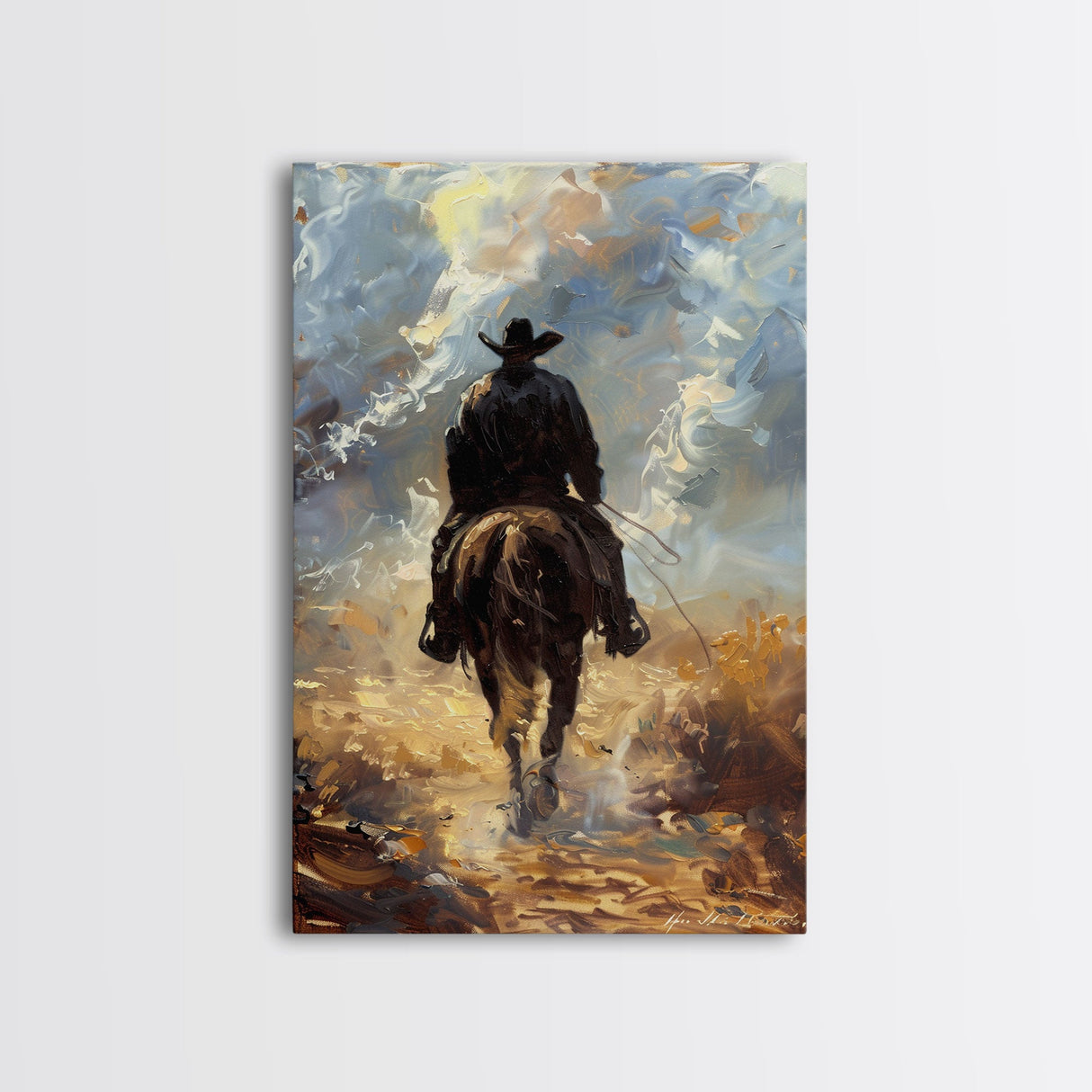 Lone Cowboy on Horse in Wilderness - Framed Canvas Print, Western Art, Rustic Decor, Living Room Wall Art, Cowboy Themed Art