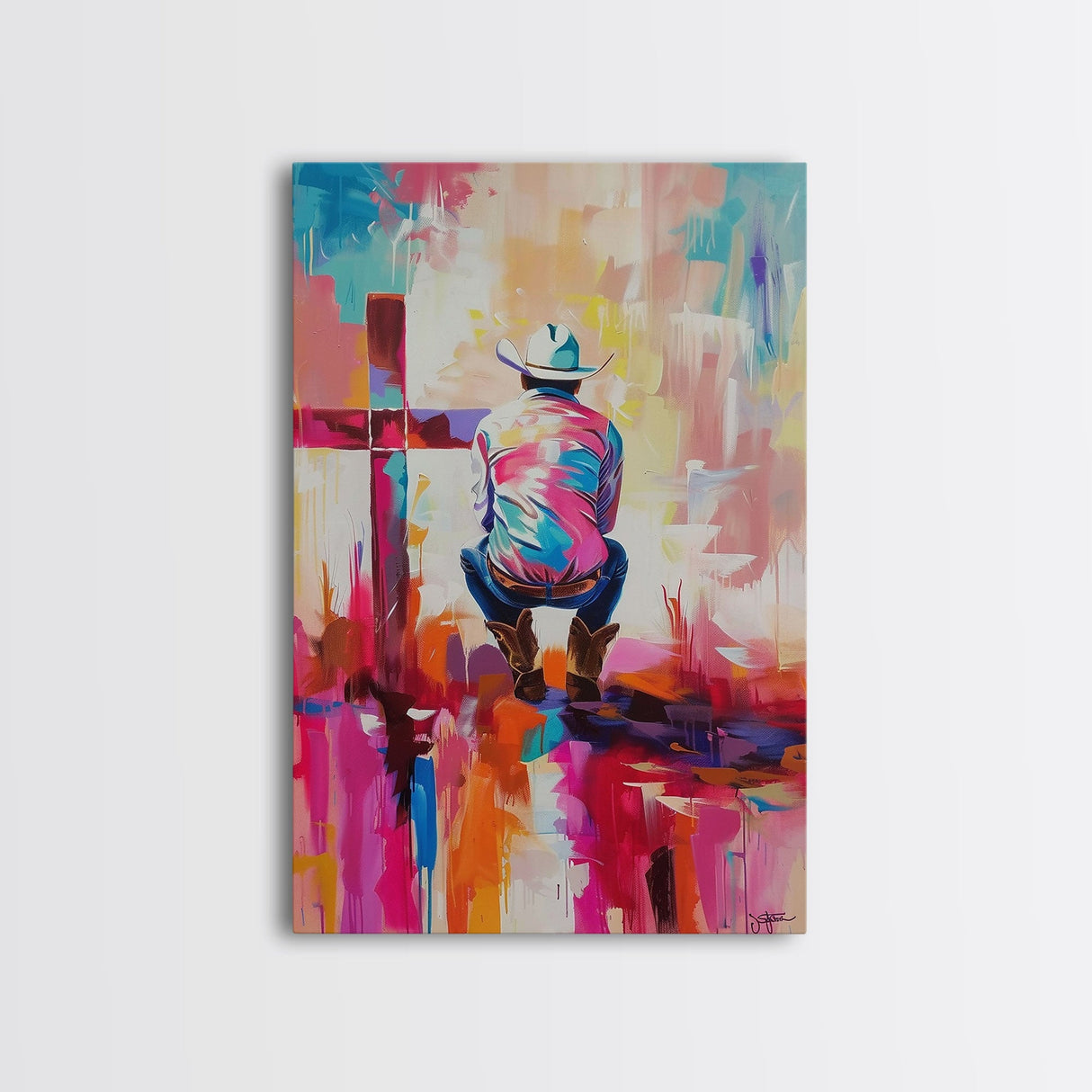 Abstract Cowboy with Cross in Bold Hues - Framed Canvas Print, Modern Western Decor, Vibrant Cowboy Wall Art for Living Room or Bedroom