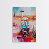 Abstract Cowboy Kneeling by Cross Art - Framed Canvas Print, Modern Southwestern Decor, Vibrant Living Room Wall Art