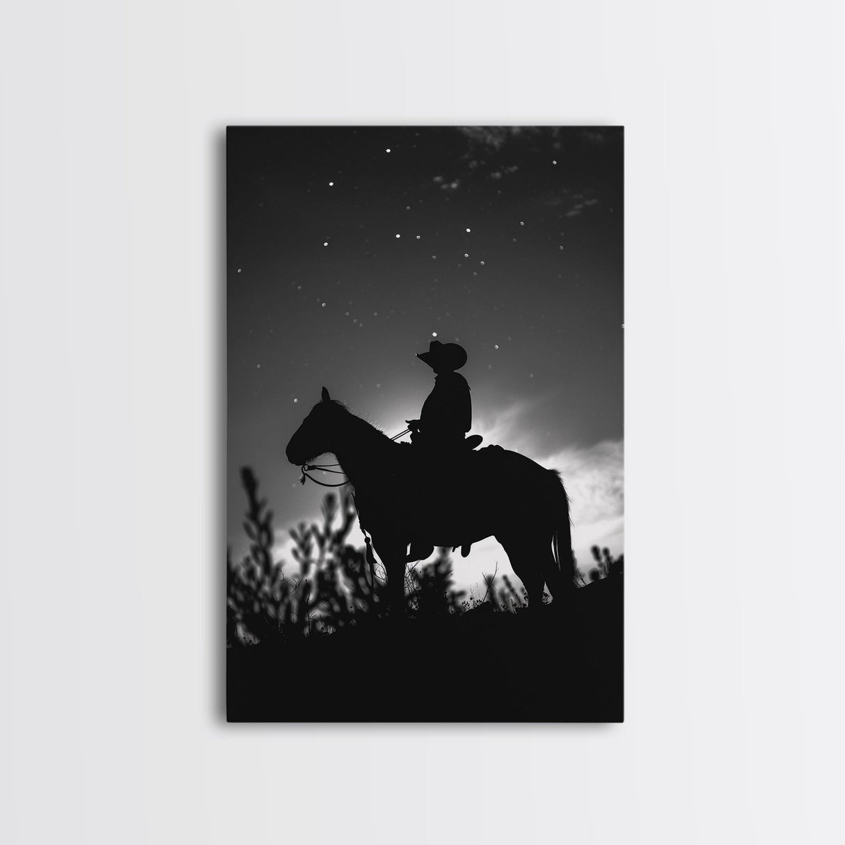 Silhouette of a Cowboy on Horseback under a Starry Night Sky for Western Wall Art, Canvas Prints, Home Decor, Living Room Art, Bedroom Art