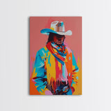 Modern Cowboy with Scarf and Hat - Framed Canvas Print, Vibrant Western Art, Contemporary Cowboy Wall Art for Home Decor