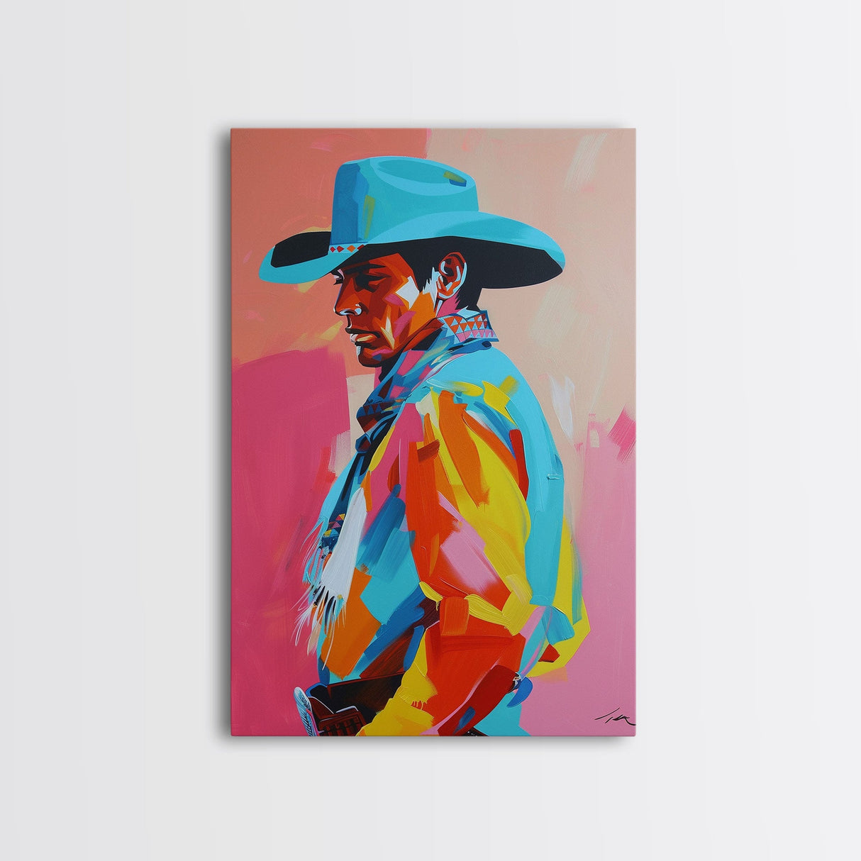 Profile of Stylish Cowboy in Hat - Framed Canvas Print, Colorful Western Art, Bold Cowboy Wall Art for Living Room