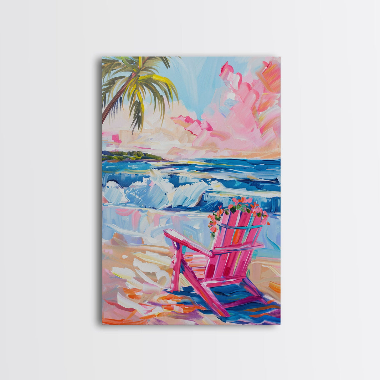 Vibrant Beach Scene with House and Palm Trees - Framed Canvas Print, Colorful Coastal Art, Living Room Decor, Beach House Wall Art