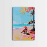 Woman Relaxing on the Beach Under a Parasol - Framed Canvas Print, Summer Vibes Wall Art, Relaxation Decor for Bedroom