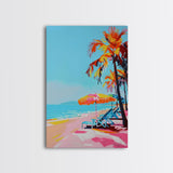 Palm Trees and Sun Loungers on Tropical Beach - Framed Canvas Print, Vacation Paradise Art, Beach Decor for Living Room