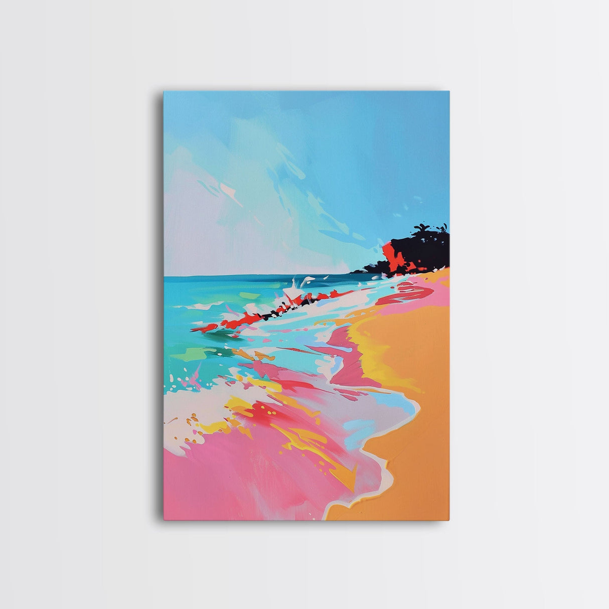 Dynamic Waves Crashing on Vibrant Beach - Framed Canvas Print, Coastal Wall Art, Ocean Vibes Decor for Living Room