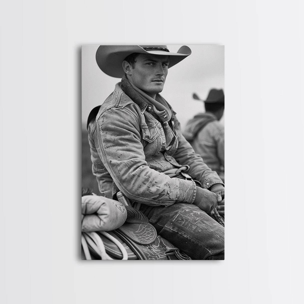 Rugged Cowboy in Weathered Denim Jacket, Black and White Photography for Western Wall Art, Canvas Prints, Home Decor, Living Room Art