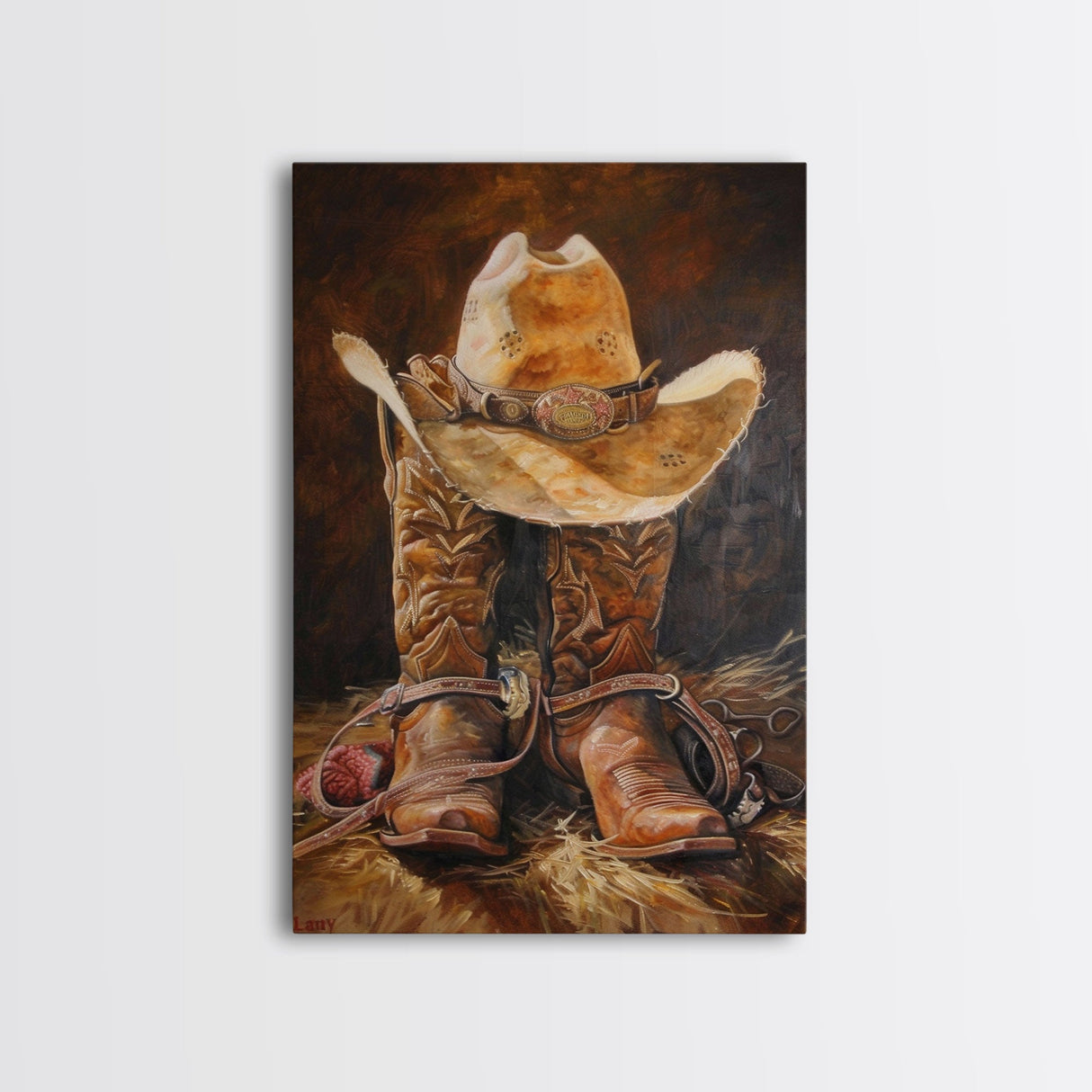 Western Cowboy Boot and Hat Art Print - Framed Canvas Print, Rustic Living Room Decor, Cowboy Wall Art, Western Home Decoration