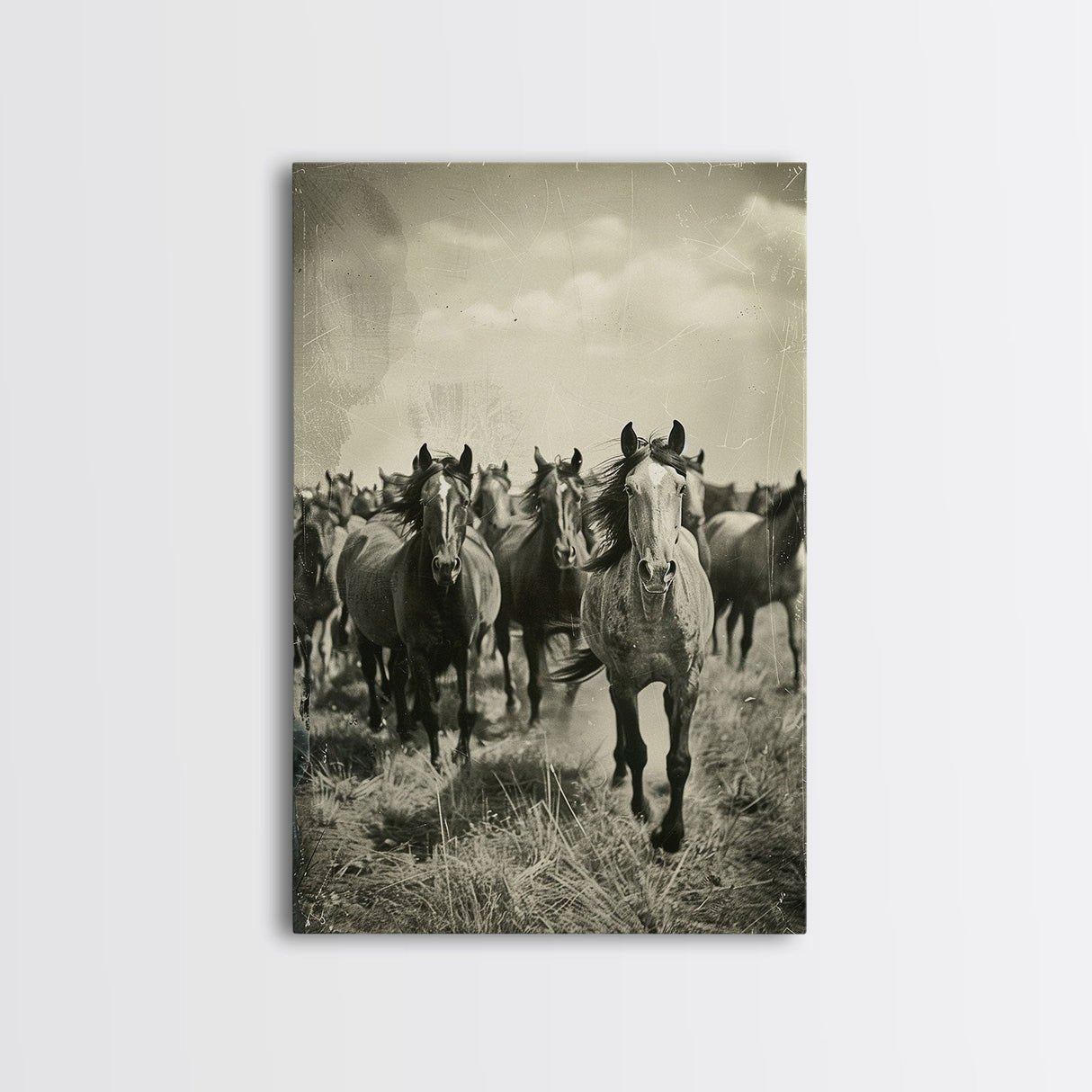 Running Wild Horses Sepia Print - Framed Canvas Wall Art, Rustic Western Decor, Horse Artwork for Living Room, Animal Wall Art