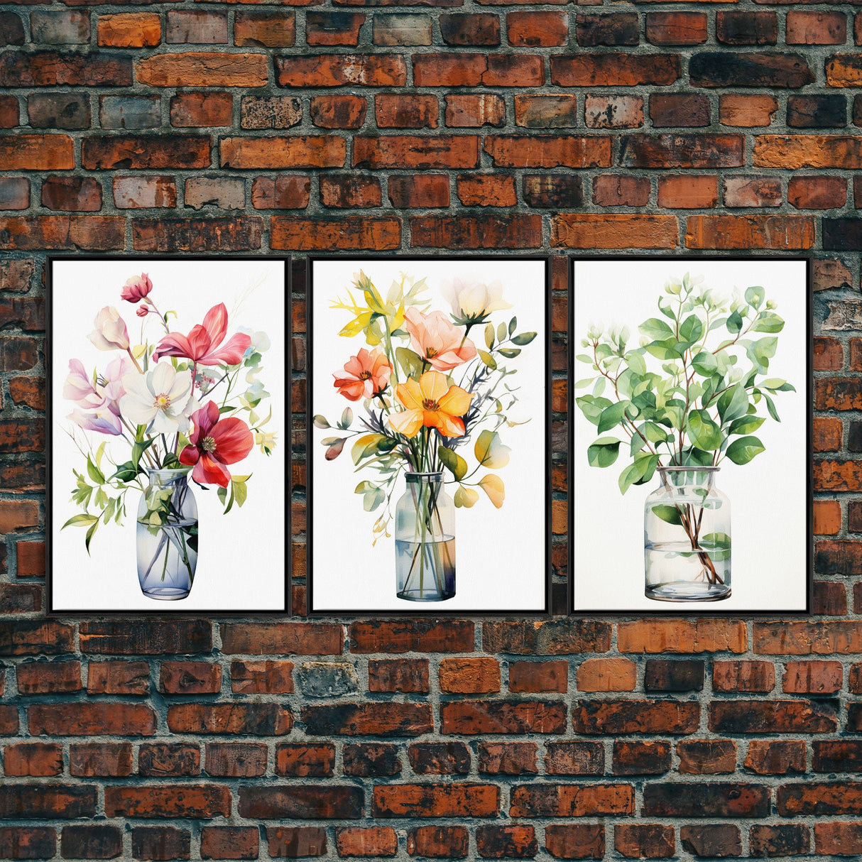 3 Piece Set, Cute Kawaii Floral Print, Flowers In Vases, Framed Wall Art, Canvas Print, Botanical Wall Decor, Boho Kitchen Art, French Art