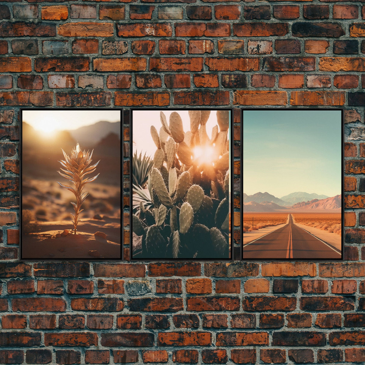 3 Piece Triptych Framed Canvas Wall Art Set of 3 Cactus Desert Landscape Arizona Road Photography Prints Minimalist Modern Art Western Decor