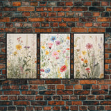 Minimalist Boho Farmhouse 3 Piece Wildflower Canvas Print, Framed Wall Art, Modern Rustic Decor, Living Room Art, Home Decor Wall Hanging