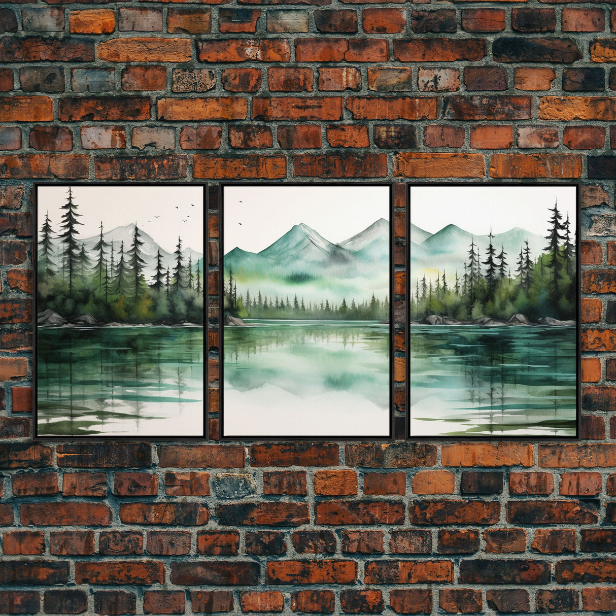 3 Panel Framed Canvas Print Wall Art Set of 3 Emerald Green Mountain Forest Lake Landscape Minimalist Modern Art Nature Wall Decor Pine Tree