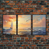 Beautiful Ocean At Sunset 3 Piece Canvas Print Wall Art, Above Sofa, Abstract Art, Modern Art, Minimalism Lakehouse Decor