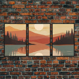 Framed Canvas Wall Art Set of 3 Sunset Forest Landscape Abstract Illustrations Prints Modern Art Minimalist Boho Wall Decor, 3 Piece Art