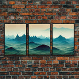 Emerald green rolling hills, fantasy mountains, 3 piece wall art, 3 piece canvas print, cool home wall decor