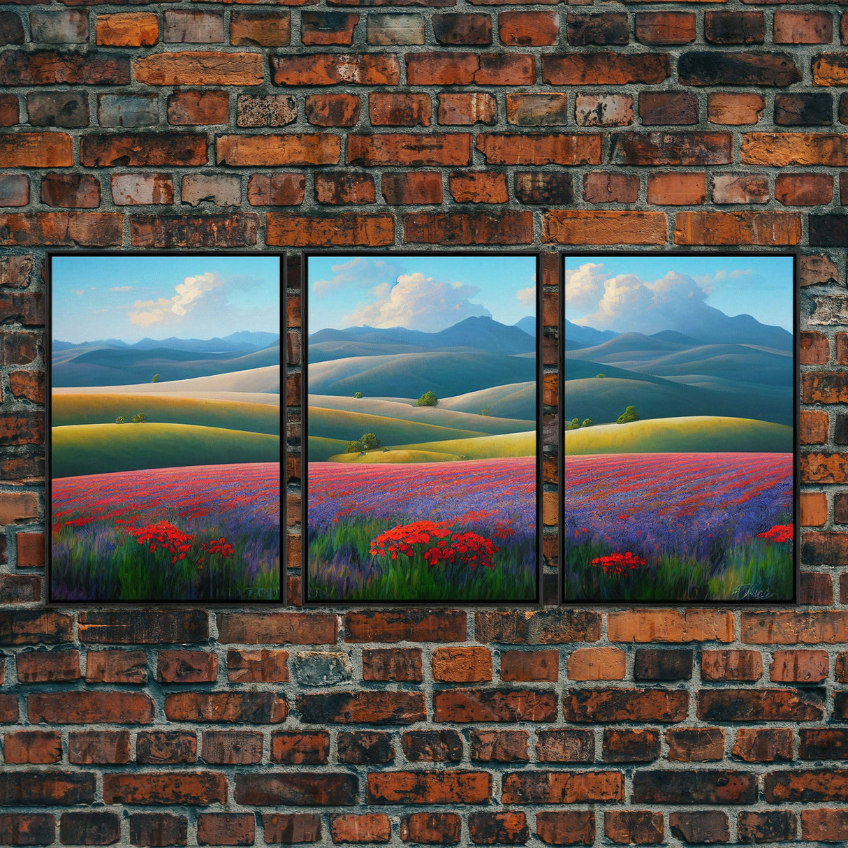 Colorful rolling hills, flower fields, landscape art,  3 piece wall art, 3 piece canvas, cool centerpiece living room wall art