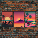 Outrun Style Midcentury Modern Wall Art, Framed Canvas Prints, Triptych Wall Art, 3 Panel Canvas Art, Retro Synthwave Beach Vibes Art