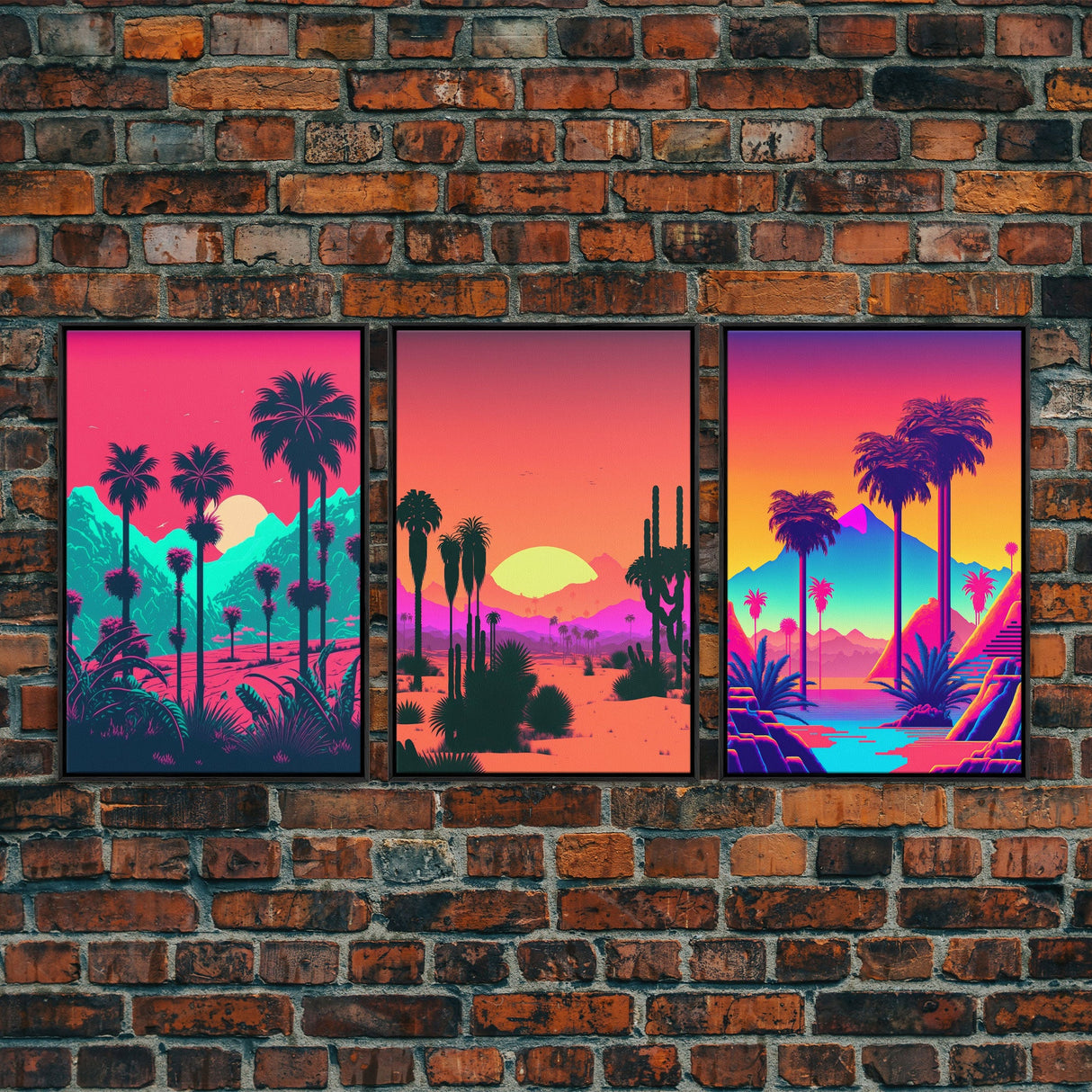 California Desert Art, Retro / Vaporwave / Synthwave 80s Vibes 3 Piece Canvas Prints, Game Room Art, Living Room / Bed Room Retro Decor