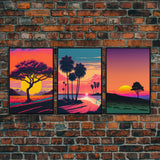 Triptych 3 panel Wall Art, Framed Canvas Prints, Synthwave Landscape Decor, MCM 80s Vibes Retro Style 3 Piece Art