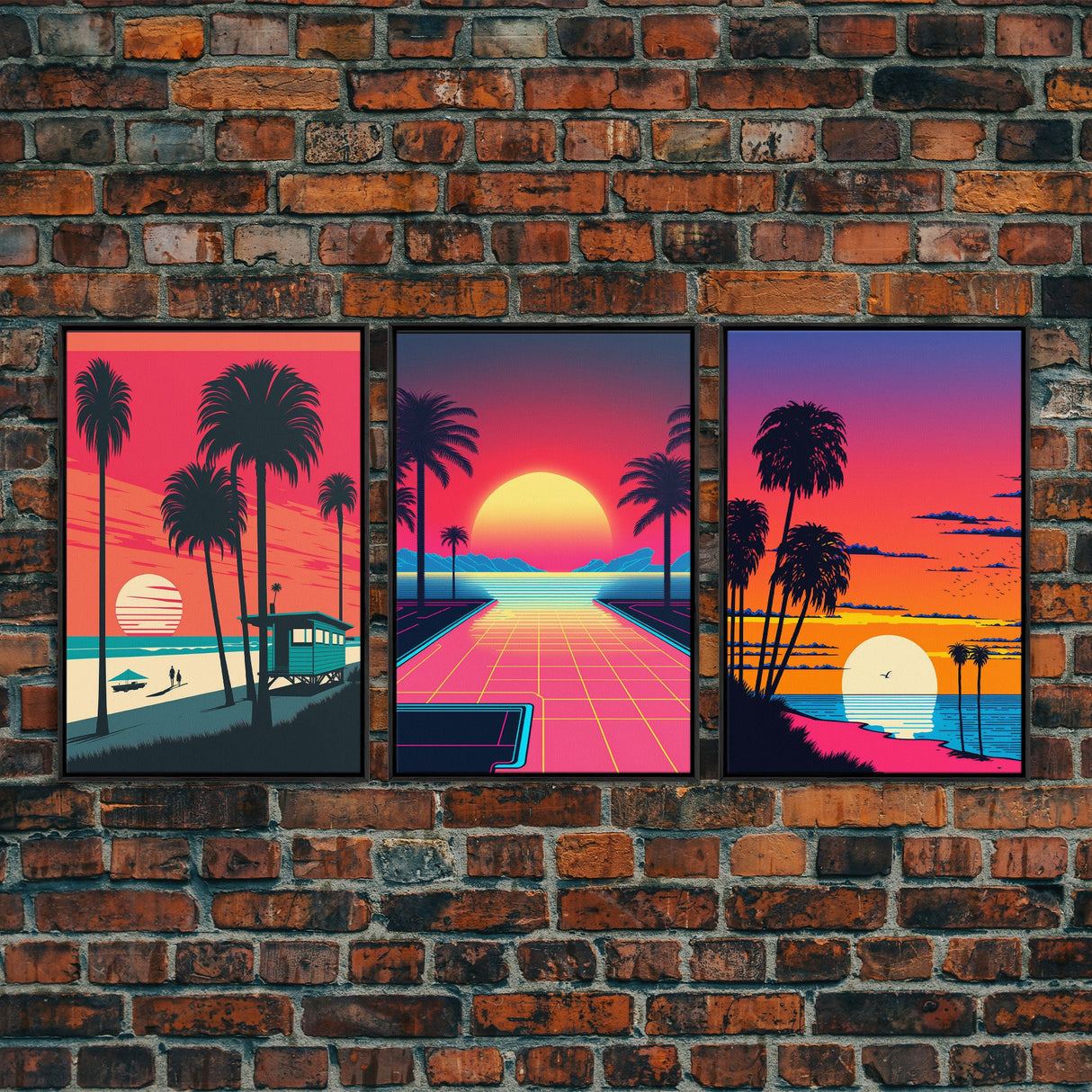 Midcentury Modern Wall Art, Mid Century Modern, 3 Piece Framed Canvas, 3 Panel Art, Triptych Art, Vaporwave Palm Trees and Sunset, 80s Retro