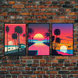 Midcentury Modern Wall Art, Mid Century Modern, 3 Piece Framed Canvas, 3 Panel Art, Triptych Art, Vaporwave Palm Trees and Sunset, 80s Retro