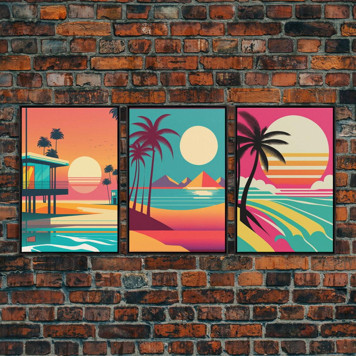 Midcentury / At Deco / Vaporwave mashup, Palm Trees & Beach Art, Framed Canvas Prints, 3 Panel Triptych Art, 80s Vibes