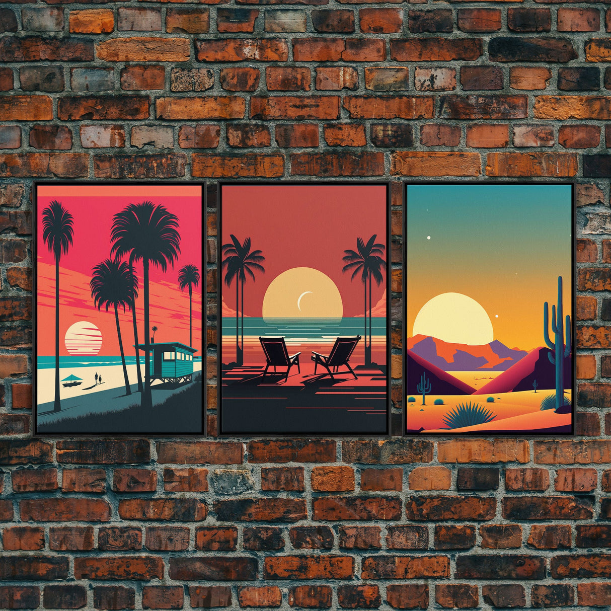 Beach Vibes - Midcentury / Art Deco / 80 Vibes Mash up - Framed Canvas Prints - Turquoise Sky and Palme Trees - 3 Panel Art, Triptych Prints