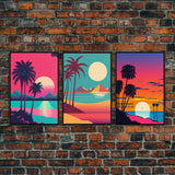 Retrowave Priint Set  - 3 Piece Wall Art - Triptych 3 Panel Art - Beach Wall Art - Framed Canvas Prints - Tropical Beach Decor