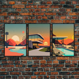 Midcentury Modern Architecture Art, Framed Canvas Prints, Retro Style Retrowave Art, 3 Panel Canvas, 3 Piece Art Set, Sunset Art