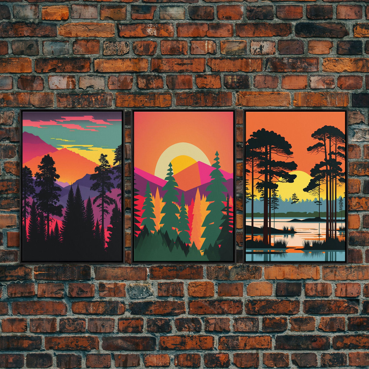 Pacific Northwest MCM Style Landscape Art, Framed Canvas Prints, 3 Piece Art Set, Triptych Art, Colorful Retro Style Pine Tree Forests