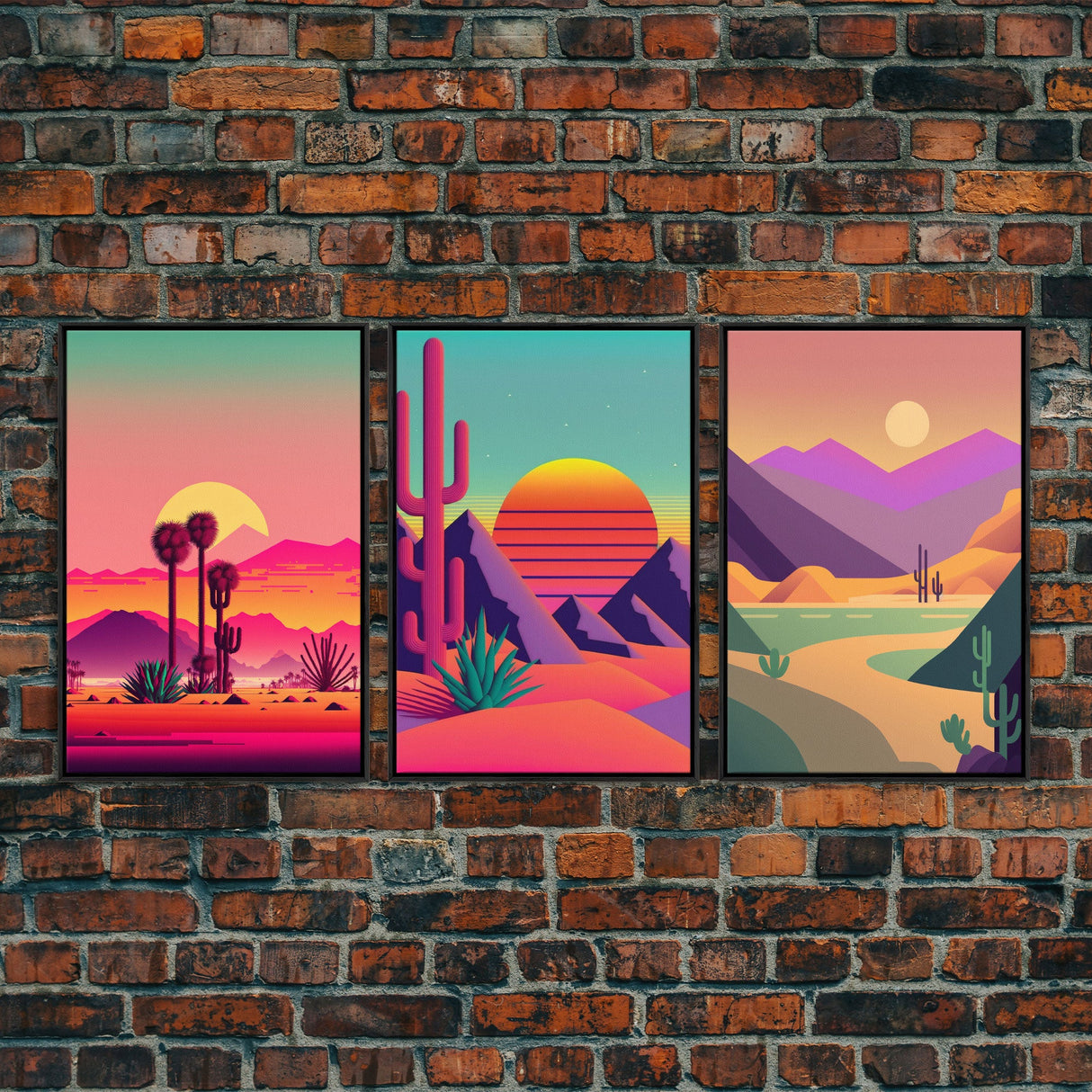 3 Piece Framed Canvas Wall Art, Synthwave / Vaporwave Sunset, Palme Trees and Cactus, Mid Century Modern Home Artwork Boho Decor for Bedroom