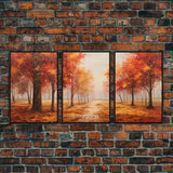 Fall Decor, 3 Piece Wall Art Set, Autumn Forest Oil Painting Canvas Prints, Fall Decorations, Halloween Art, Fall Forest Landscape Painting