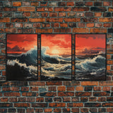 Asian Art, Japanese Wall Art, Ocean Waves, Sunset Art, Canvas Print, Wall Art, 3 Piece Wall Art, Trendy Wall Art, Modern Art Prints