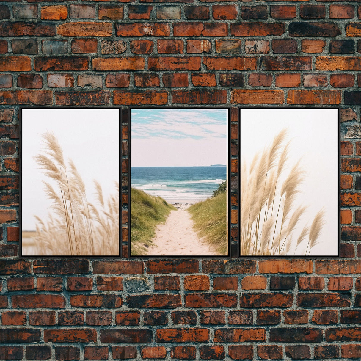 Beautiful Set of 3 Pampas Grass Beach Ocean Shore Photography Prints Minimalist Modern Art Neutral Coastal Room Decor Framed Canvas Wall Art