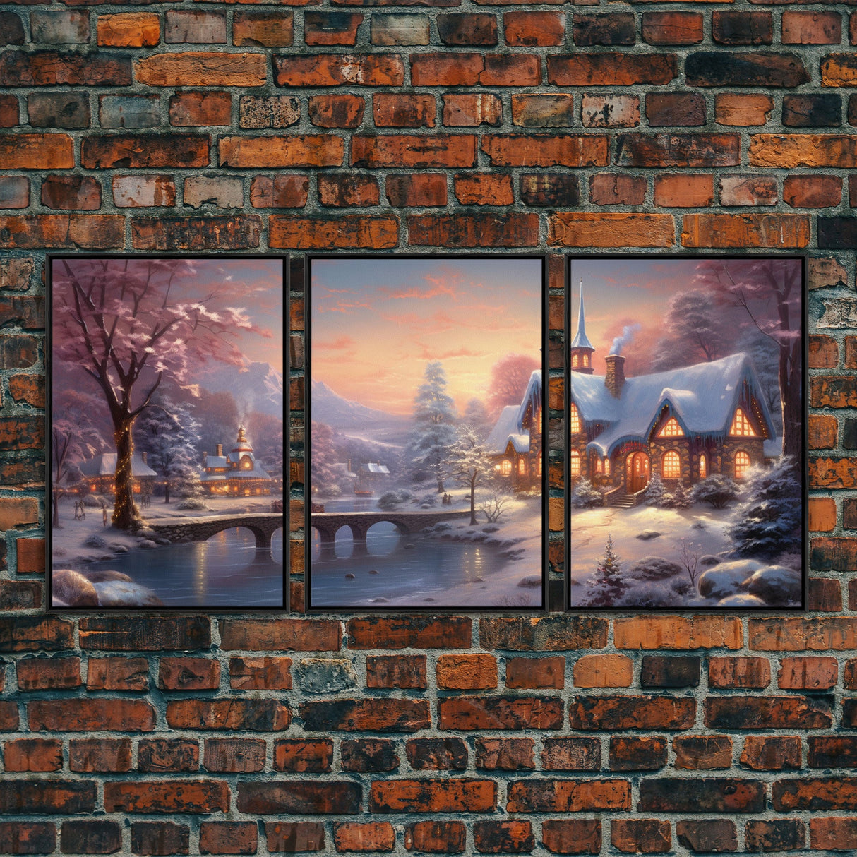 3 Piece Winter Scene, Framed Canvas Prints, Triptych Christmas Painting, Christmas Decor, Winter Art, Christmas Wall art, Xmas Art