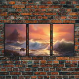 3 Piece Art Set, Seascape Painting Canvas Print, Beach House Decor, Sunset Painting, Original Painting, Boho Style Living Room Art