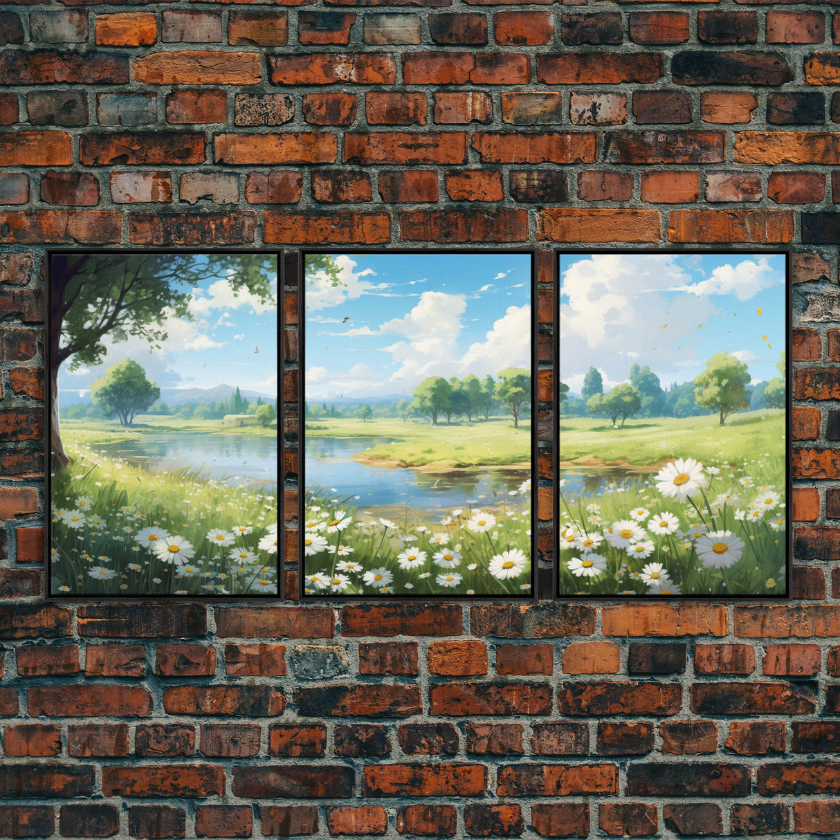 Beautiful Spring Meadow Landscape Painting 3 Piece Set, Spring Centerpiece Art, Original Oil Painting Wall Art, Minimalist Whimsical Decor