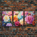 Beautiful Rose Art, Framed Canvas Print, Floral Art, Botanical  Decor, Blue and Yellow Roses, 3 Piece Art Set