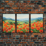 The Poppy Fields, Beautiful Red Flowers, Wildflower Art, Framed Canvas Prints, 3 Piece Set, Triptych, Wall Art, Botanical Art, Boho Decor