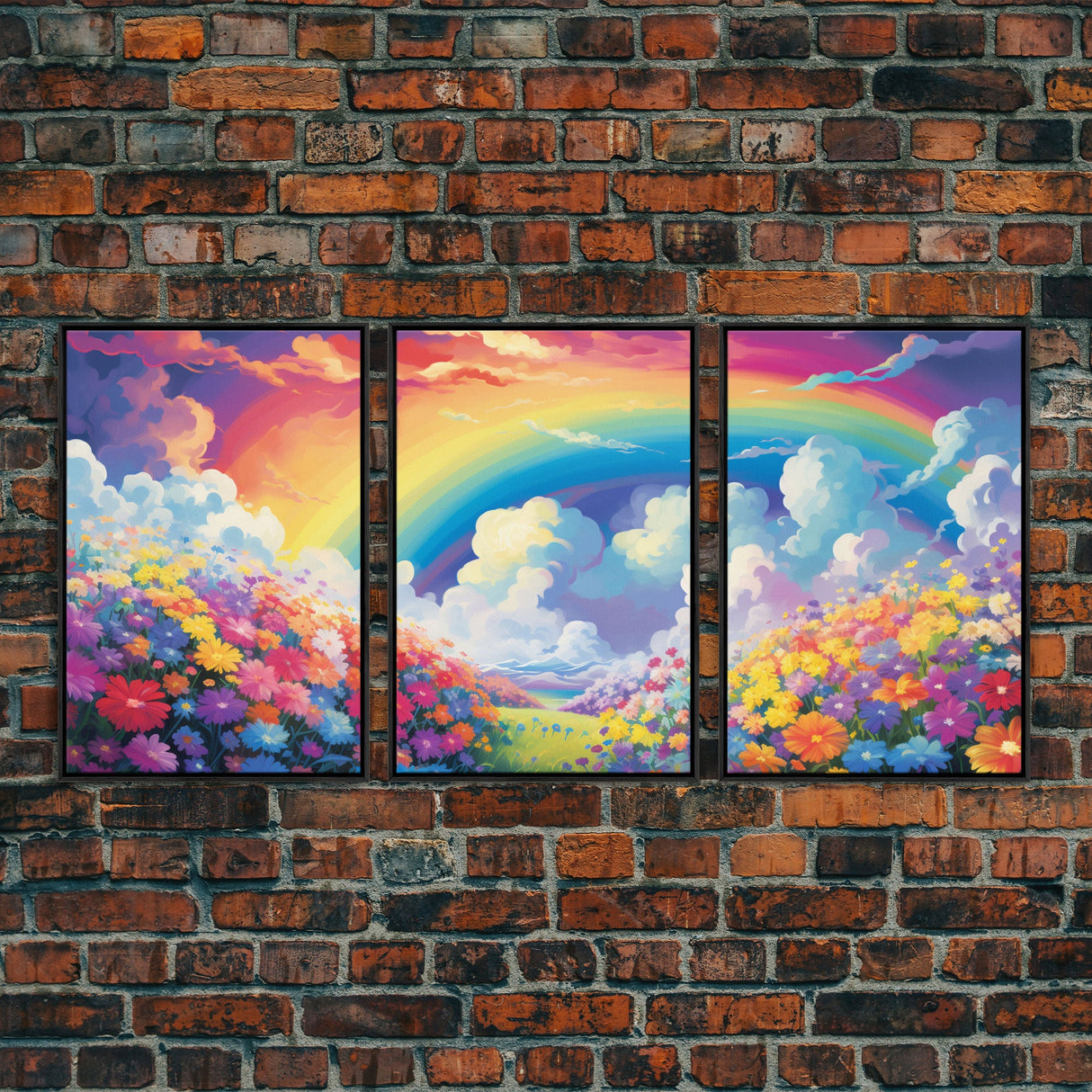 Rainbow Wall Art, Floral Print, Meadow Art , Canvas Print, Set Of 3 Prints, Wall Art, 3 Piece Wall Art, Nursery Print, Kids Wall Art