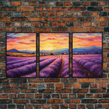 Purple Lavender Fields, 3 Piece Wall Art, Framed Canvas Print, Beautiful Original Landscape Painting, Sunset Painting, Farmhouse Decor